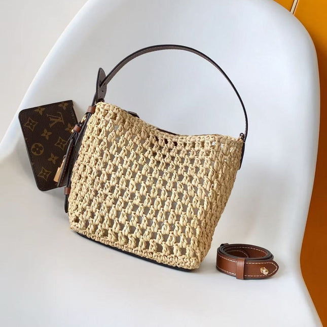 LV ALL IN BB HANDBAG 18 IN BEIGE WOVEN RAFFIA GOLD HARDWARE