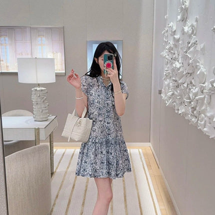 CD Short Dress White Cotton Muslin with Blue Butterfly Motif
