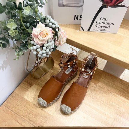 BRONZE BROWN LEATHER ROCKSTUD ESPADRILLES ANKLE STRAP FLATS