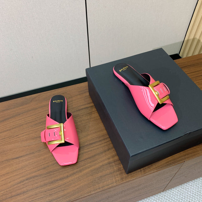 BALMAIN 26S B-BELT FLAT SANDALS IN PINK CALFSKIN