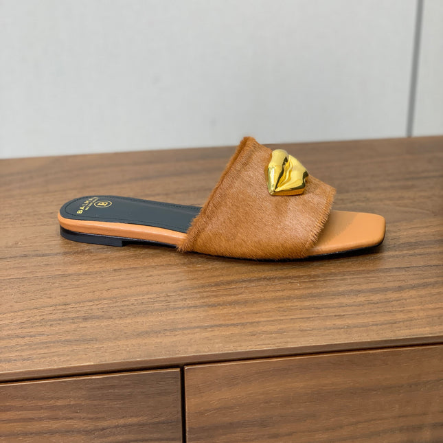 BALMAIN 26S LIP-EMBELLISHED SLIDES IN LIGHT BROWN PONY HAIR WITH GOLD HARDWARE