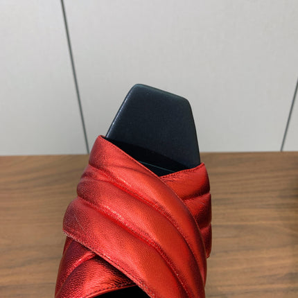 BALMAIN 26S QUILTED PLATFORM MULES 105 MM IN METALLIC RED CALFSKIN