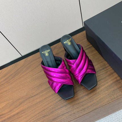 BALMAIN 26S QUILTED PLATFORM MULES 105 MM IN METALLIC PINK CALFSKIN