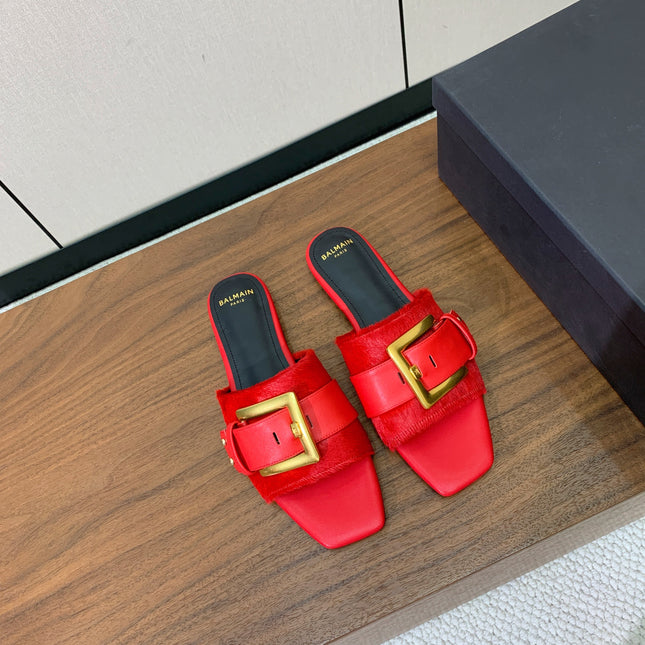 BALMAIN 26S B-BELT FLAT SANDALS IN RED CALFSKIN AND PONY HAIR