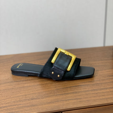 BALMAIN 26S B-BELT FLAT SANDALS IN BLACK CALFSKIN AND PONY HAIR