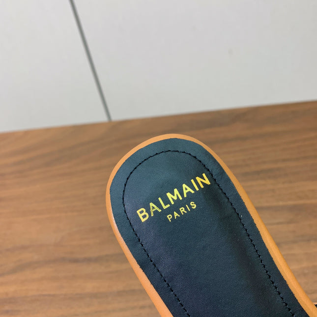 BALMAIN 26S FLAT SANDALS IN LIGHT BROWN CALFSKIN AND MESH