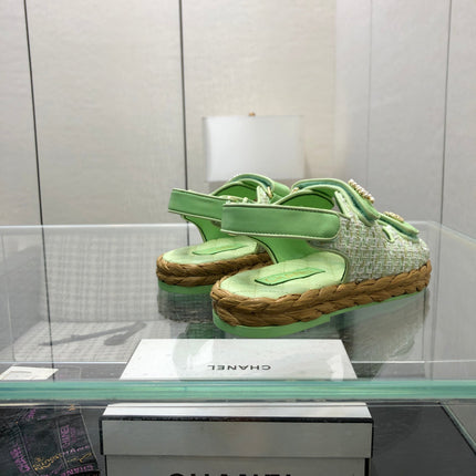 VELCRO SANDALS IN GREEN PASTEL LAMBSKIN AND TWEED FABRIC