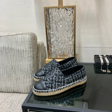 ESPADRILLE BLACK MIX WHITE TWEED FABRIC AND CALFSKIN FLATS