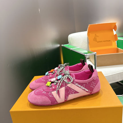 LV 26S SNEAKERS IN DARK PINK DENIM AND SUEDE WITH FLOWER CHARM