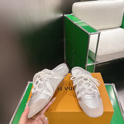 LV 26S MULE SNEAKERS IN SILVER LAMBSKIN AND BEIGE SUEDE