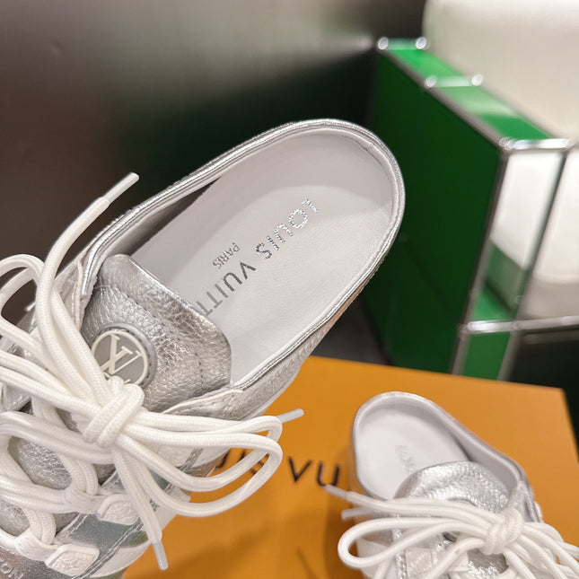 LV 26S MULE SNEAKERS IN SILVER LAMBSKIN AND BEIGE SUEDE