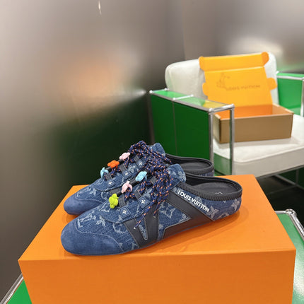 LV 26S MULE SNEAKERS IN BLUE DENIM AND SUEDE WITH FLOWER CHARM