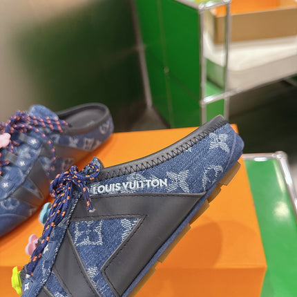 LV 26S MULE SNEAKERS IN BLUE DENIM AND SUEDE WITH FLOWER CHARM