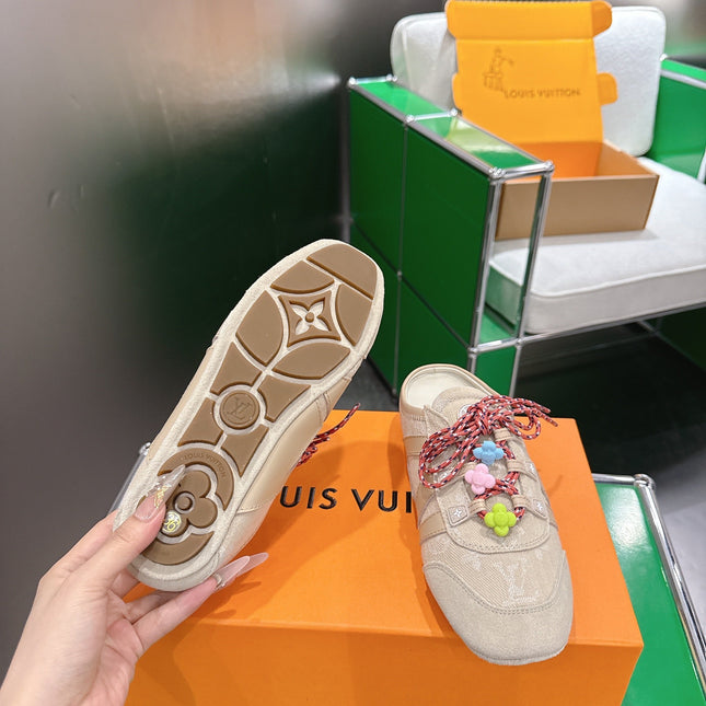 LV 26S MULE SNEAKERS IN BEIGE DENIM AND SUEDE WITH FLOWER CHARM