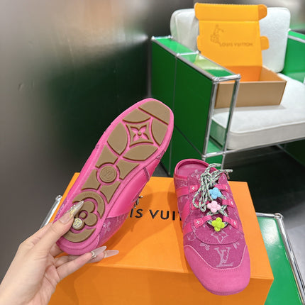LV 26S MULE SNEAKERS IN DARK PINK DENIM AND SUEDE WITH FLOWER CHARM