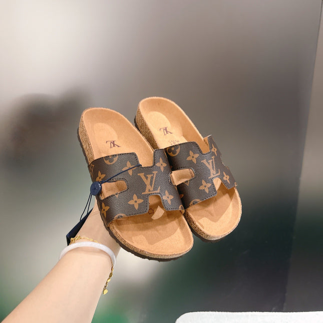 LV 26S SLIDES IN DARK BROWN COATED CANVAS