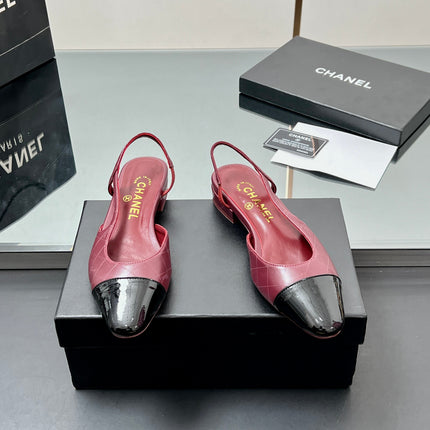 CC SLINGBACK 25S 25 MM IN BURGUNDY LAMBSKIN AND BLACK GLOSSY LEATHER WITH CHECK PATTERN