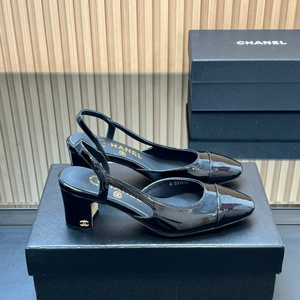 CHANEL 25S SLINGBACK SHOES IN BLACK GLOSSY CALFSKIN