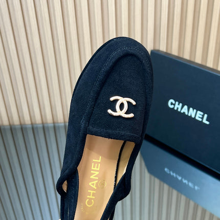 CHANEL 25S BACK STRAP MULE 15MM IN BLACK SUEDE GOLD HARDWARE