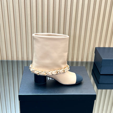 CHANEL 25S LOW BOOTS 65MM IN BEIGE CALFSKIN GOLD HARDWARE