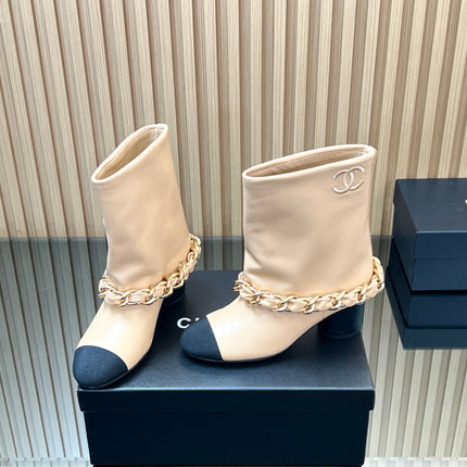 CHANEL 25S LOW BOOTS 65MM IN BEIGE CALFSKIN GOLD HARDWARE