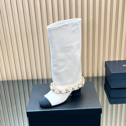 CHANEL 25S HIGH BOOTS 65MM IN WHITE CALFSKIN GOLD HARDWARE