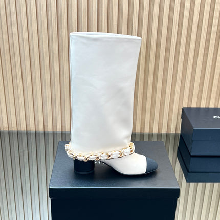 CHANEL 25S HIGH BOOTS 65MM IN WHITE CALFSKIN GOLD HARDWARE