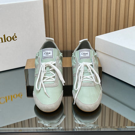 CHLOÉ 26S SNEAKERS IN LIGHT GREEN CALFSKIN AND GREY SUEDE