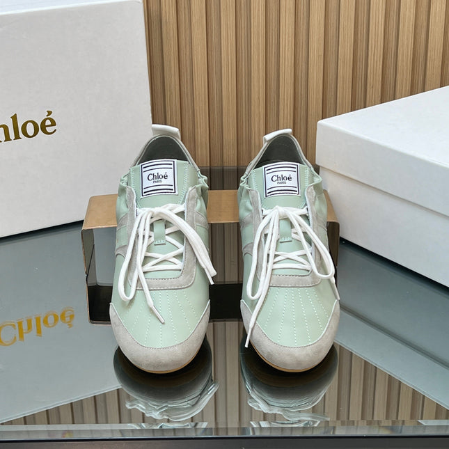 CHLOÉ 26S SNEAKERS IN LIGHT GREEN CALFSKIN AND GREY SUEDE