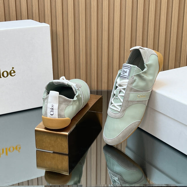 CHLOÉ 26S SNEAKERS IN LIGHT GREEN CALFSKIN AND GREY SUEDE