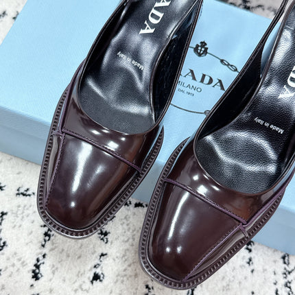 PRADA 26S SLINGBACK PUMPS 70MM IN DARK BROWN PATENT CALFSKIN