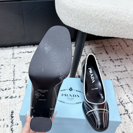 PRADA 26S BOWLING-STYLE HIGH HEELS 70MM IN BLACK CALFSKIN