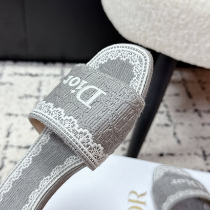 DIOR 26S HIGH HEEL SLIDES IN GREY EMBOSSED OBLIQUE LACE EMBROIDERY