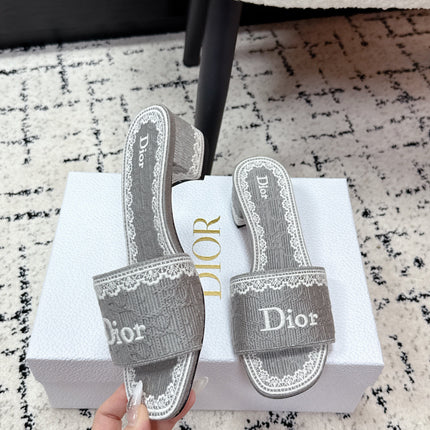 DIOR 26S HIGH HEEL SLIDES IN GREY EMBOSSED OBLIQUE LACE EMBROIDERY