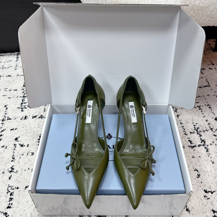 PRADA 26S POINTED-TOE HIGH HEELS 75MM IN DARK OLIVE GREEN CALFSKIN WITH BOW