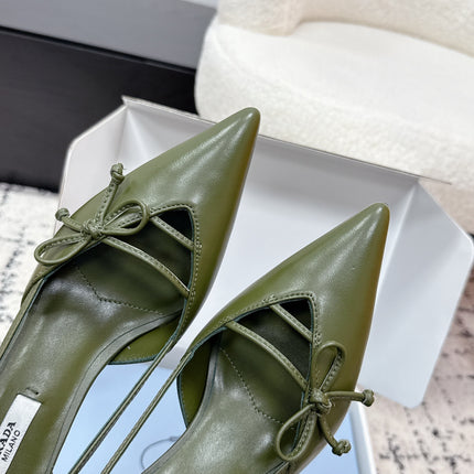 PRADA 26S POINTED-TOE HIGH HEELS 75MM IN DARK OLIVE GREEN CALFSKIN WITH BOW