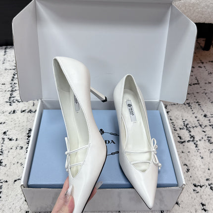 PRADA 26S POINTED-TOE HIGH HEELS 75MM IN CREAM WHITE CALFSKIN