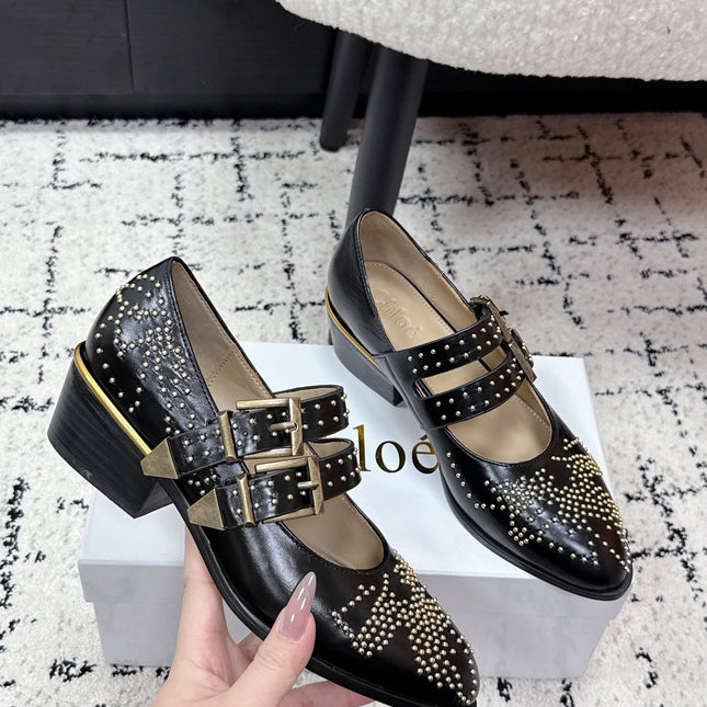 CHLOÉ 26S METAL STUD SHOES IN BLACK CALFSKIN