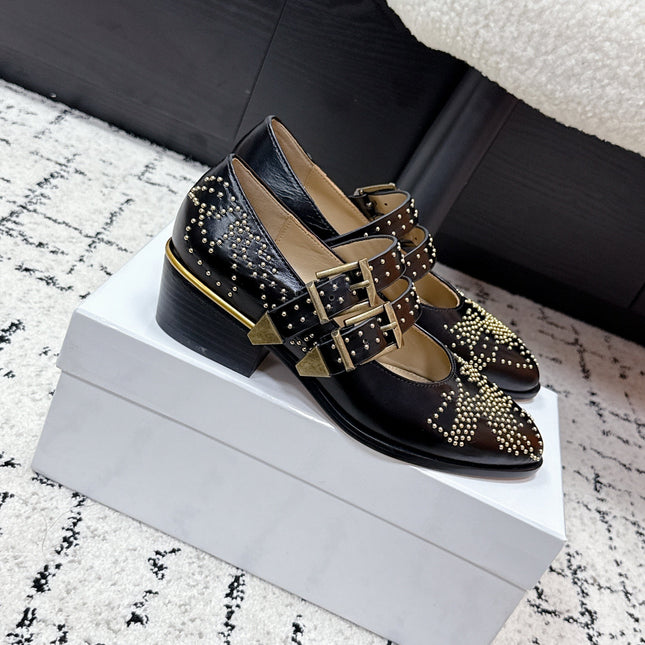CHLOÉ 26S METAL STUD SHOES IN BLACK CALFSKIN