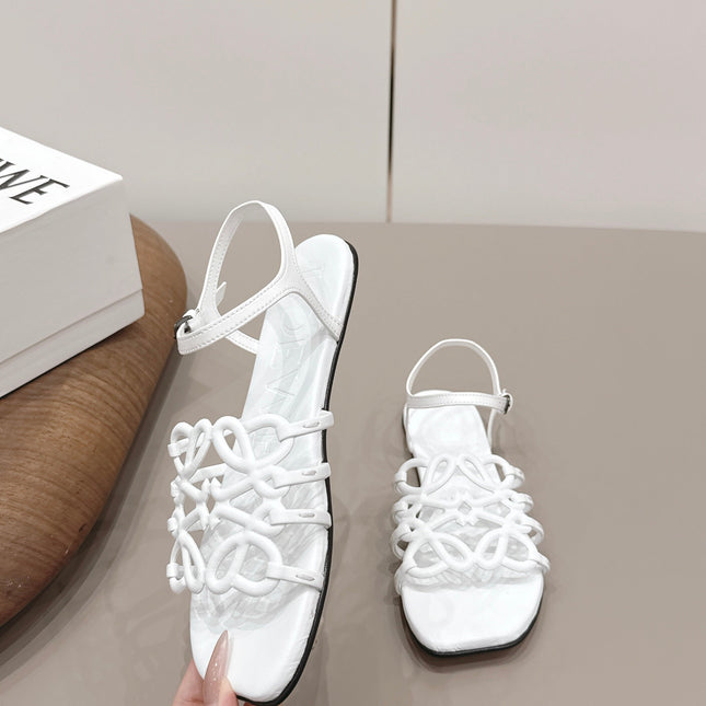 LOEWE 26S SQUARE TOE SANDALS IN WHITE CALFSKIN LOGO