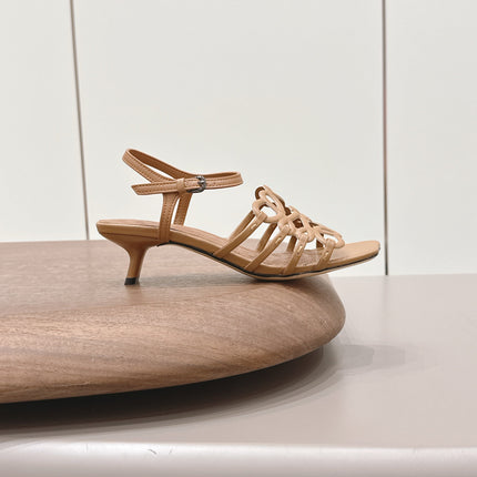 LOEWE 26S SQUARE TOE HEEL SANDALS 50MM IN LIGHT BROWN CALFSKIN LOGO