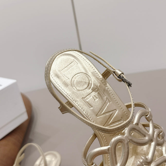 LOEWE 26S SQUARE TOE HEEL SANDALS 50MM IN GOLD CALFSKIN LOGO