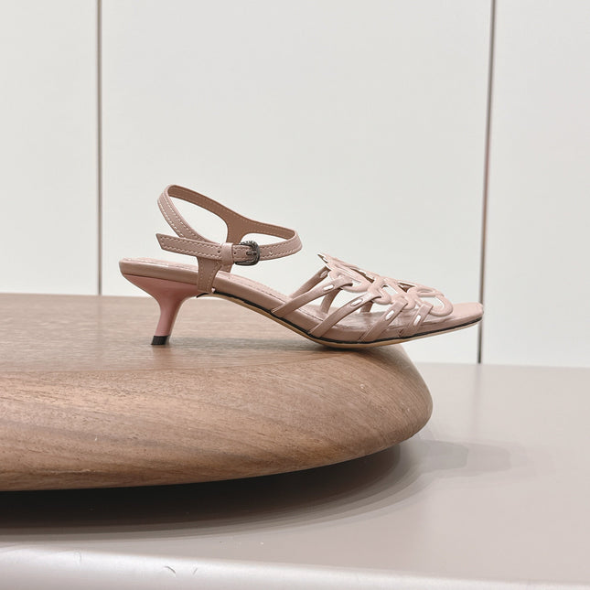 LOEWE 26S SQUARE TOE HEEL SANDALS 50MM IN PINK CALFSKIN LOGO