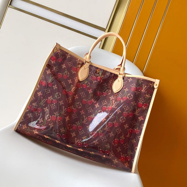 LV 26S ONTHEGO TOTE 41 IN CHERRY RED CLEAR PVC AND CALFSKIN