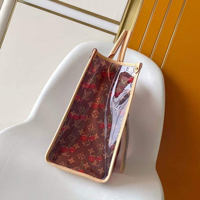 LV 26S ONTHEGO TOTE 41 IN CHERRY RED CLEAR PVC AND CALFSKIN