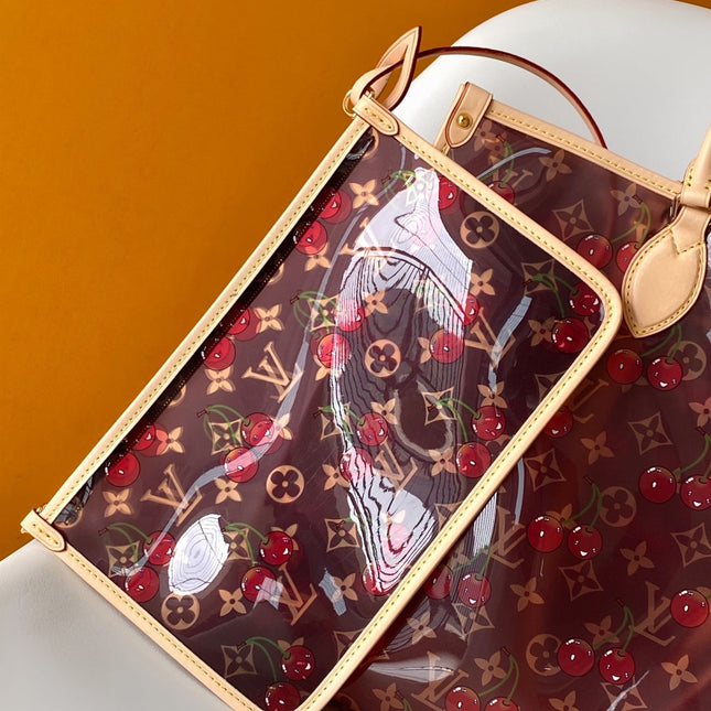 LV 26S ONTHEGO TOTE 41 IN CHERRY RED CLEAR PVC AND CALFSKIN
