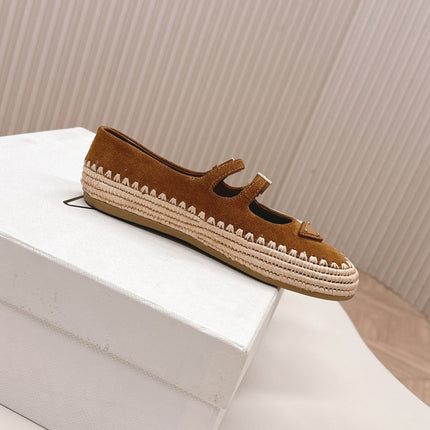 PRADA 26S MARY JANE ESPADRILLES SHOES IN CARAMEL BROWN SUEDE WITH LOGO