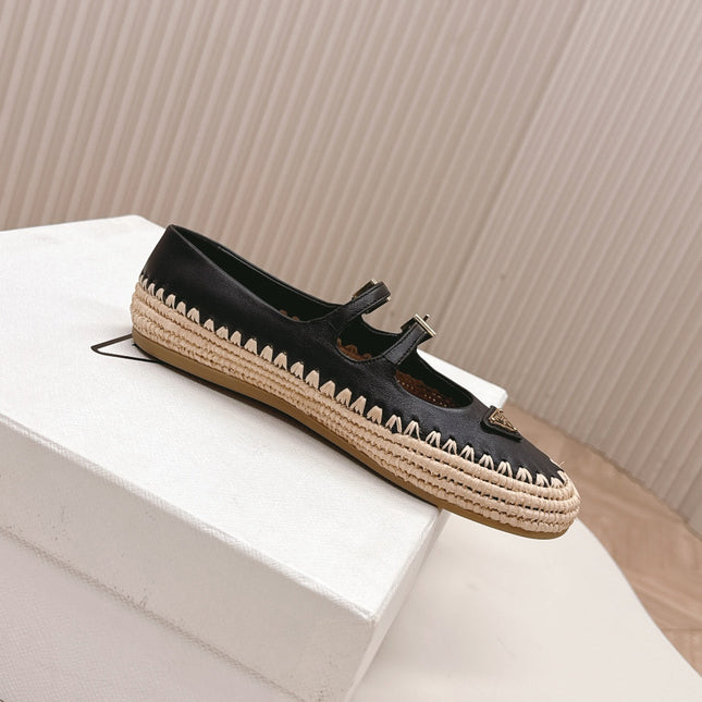 PRADA 26S MARY JANE ESPADRILLES SHOES IN BLACK CALFSKIN WITH LOGO