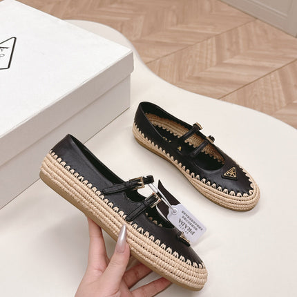 PRADA 26S MARY JANE ESPADRILLES SHOES IN BLACK CALFSKIN WITH LOGO