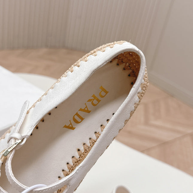 PRADA 26S MARY JANE ESPADRILLES SHOES IN WHITE CALFSKIN WITH LOGO